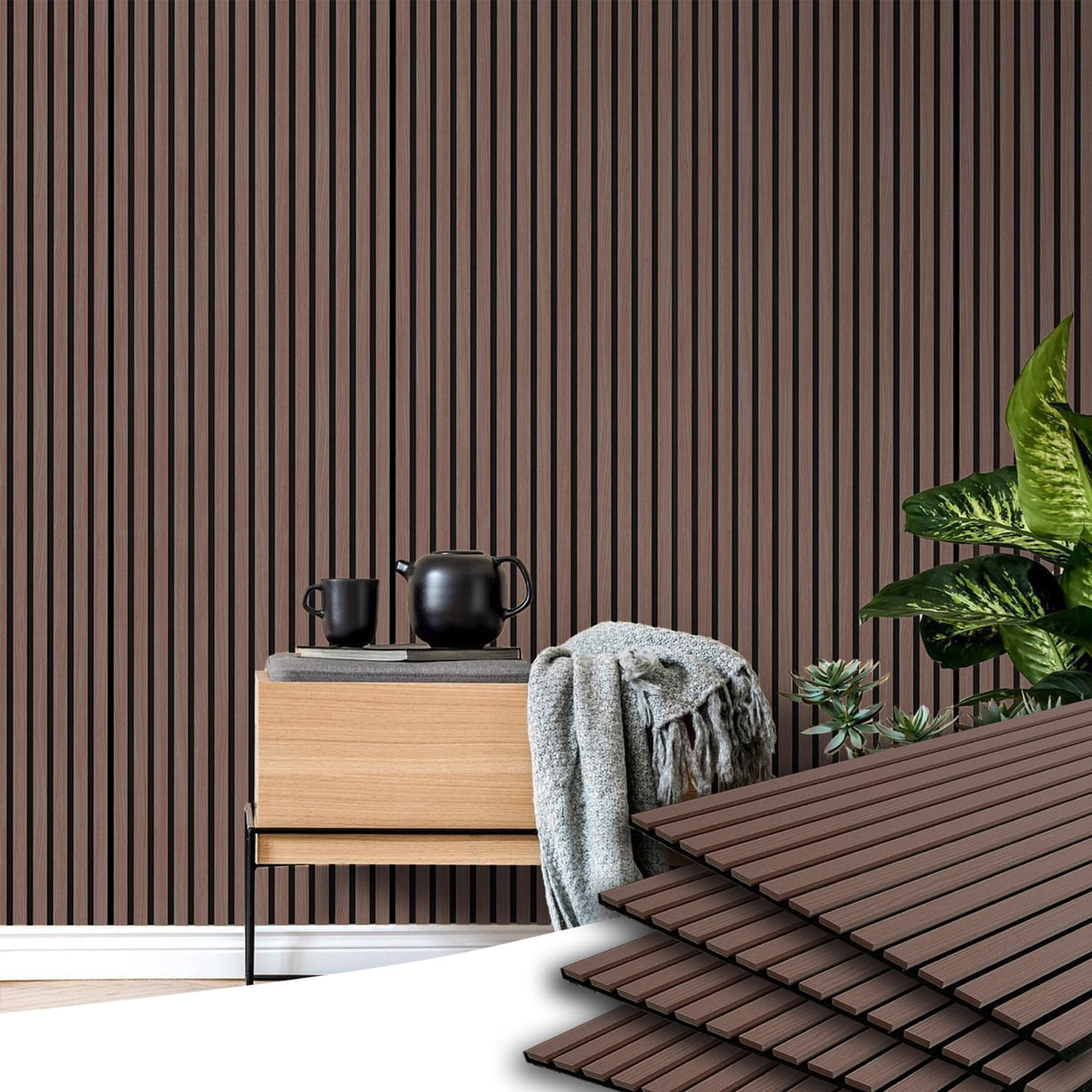E-HAO 4-Piece Wood Slat Acoustic Panels for Stylish Decor and Noise Reduction, 3D Textured Panel for Ceiling and Wall - JK Walnut (47.2 L x 23.6 W in) E-HAO
