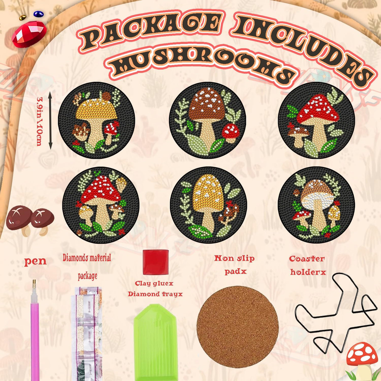 EWJRNSF 6 PCS Small Diamond Art Coasters Kits, Diamond Painting, Fall Diamond Art Kits for Adults Beginners, Arts and Crafts Item Sets with Holder for Drinks Mushroom EWJRNSF