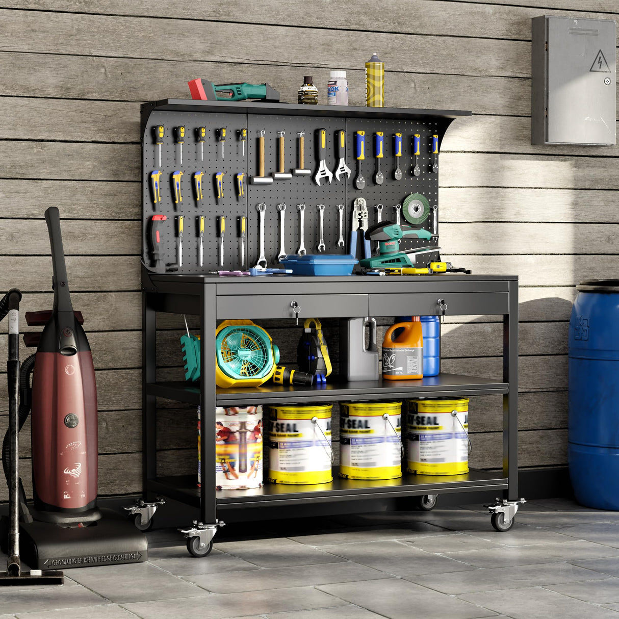 Aobabo Metal Workbench with 2 Lockable Drawer, Steel Tube Legs Workbench on Wheels, 3 Levels Workbench with Pegboard &35 Hooks for Garage Warehouse Utility Room, Black Tool Bench, Assembly Required Aobabo