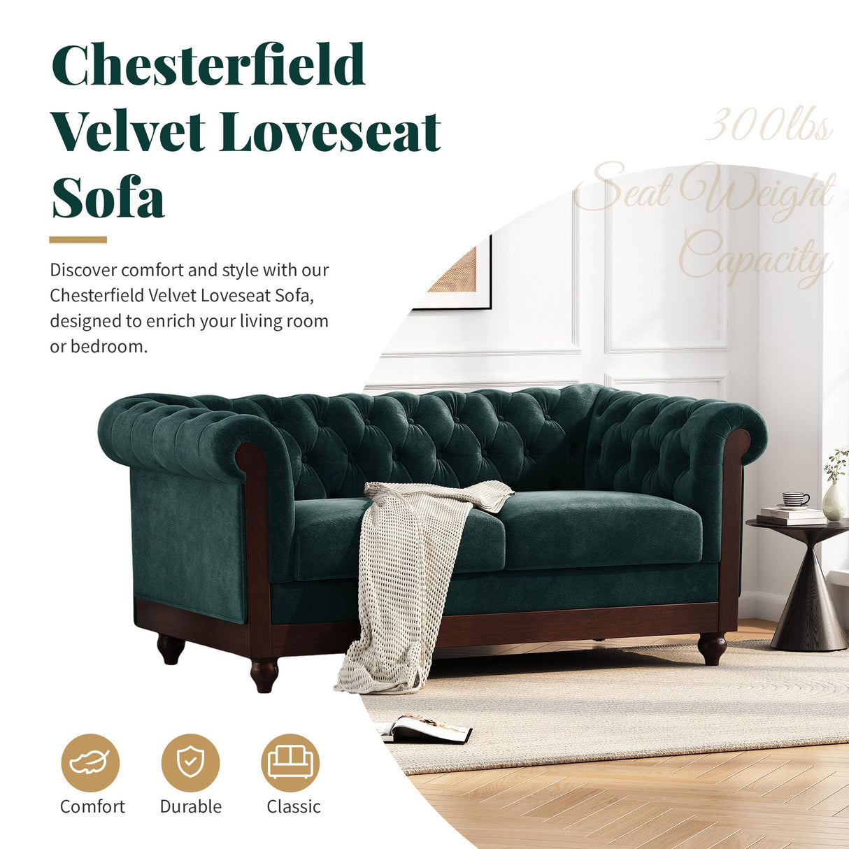 Merax Velvet Chesterfield Sofa, Retro Style Upholstered 3 Seater Leather Couch Rolled Arm for Living Room Bedroom Office, Dark Green Merax