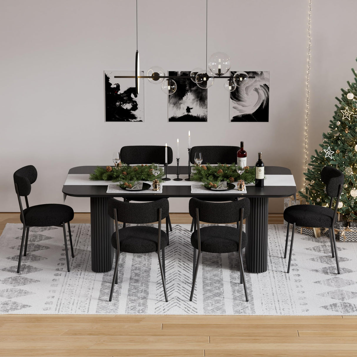 RGZ Modern Oval Dining Table Set for 6, 7 Piece Dining Table and Chairs Set with Black Kitchen Table & 6 Black Upholstered Boucle Chairs, Dining Table for Dining Room, Kitchen, Living Room RGZ