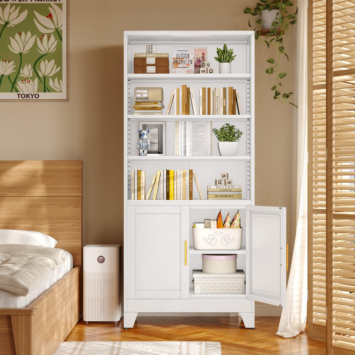 pozdeg 71" Metal Bookcases and Bookshelves with 2 Doors and 4 Adjustable Shelves, Tall White Storage Cabinet Industrial Modern Open Display Book Shelf for Living Room, Bedroom, Office (White) pozdeg