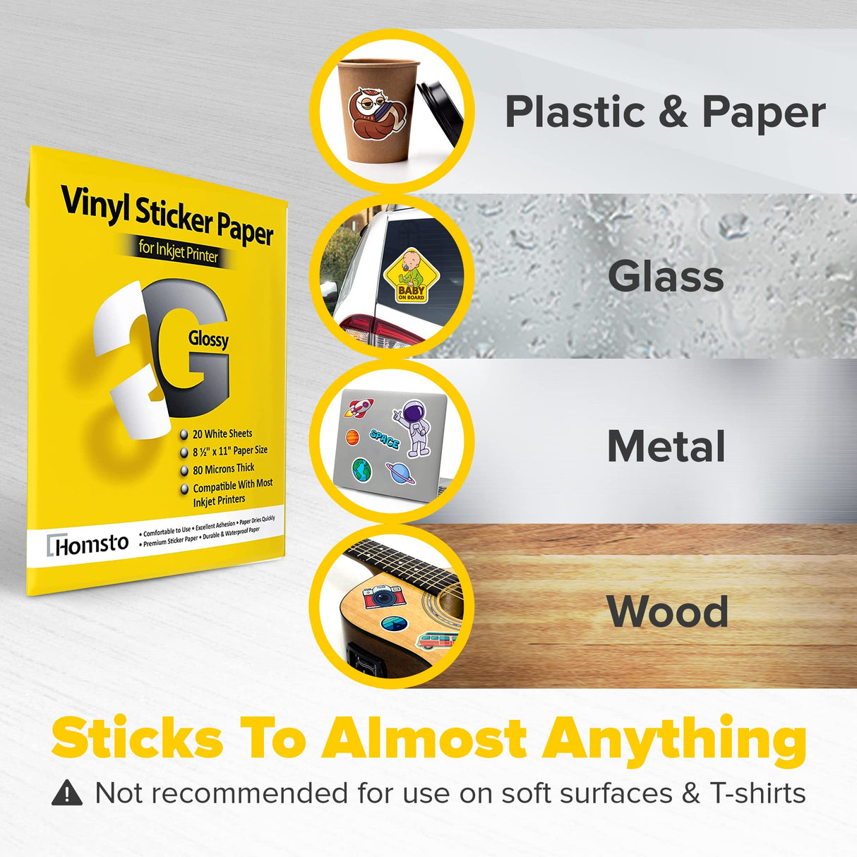 Vinyl Sticker Paper, Glossy Printable Vinyl Sticker Paper for Inkjet Printer, Quick-Drying, Water and Scratch-Resistant, Self-Adhesive for Most Surfaces, 8.5 x 11 Inches, 20 Sheets HOMSTO