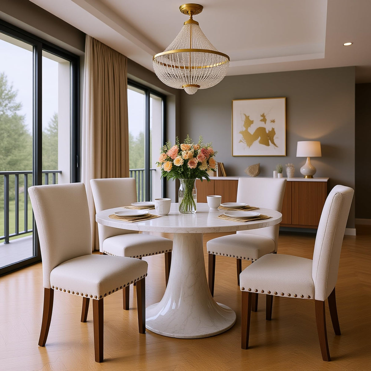 Set of 6 Beige Upholstered Dining Chairs – Farmhouse Kitchen Chairs with High Back, Solid Rubberwood Legs, Padded Foam Seat & Bronze Nailhead Trim, Comfortable Dining Room Chairs for Home COLAMY