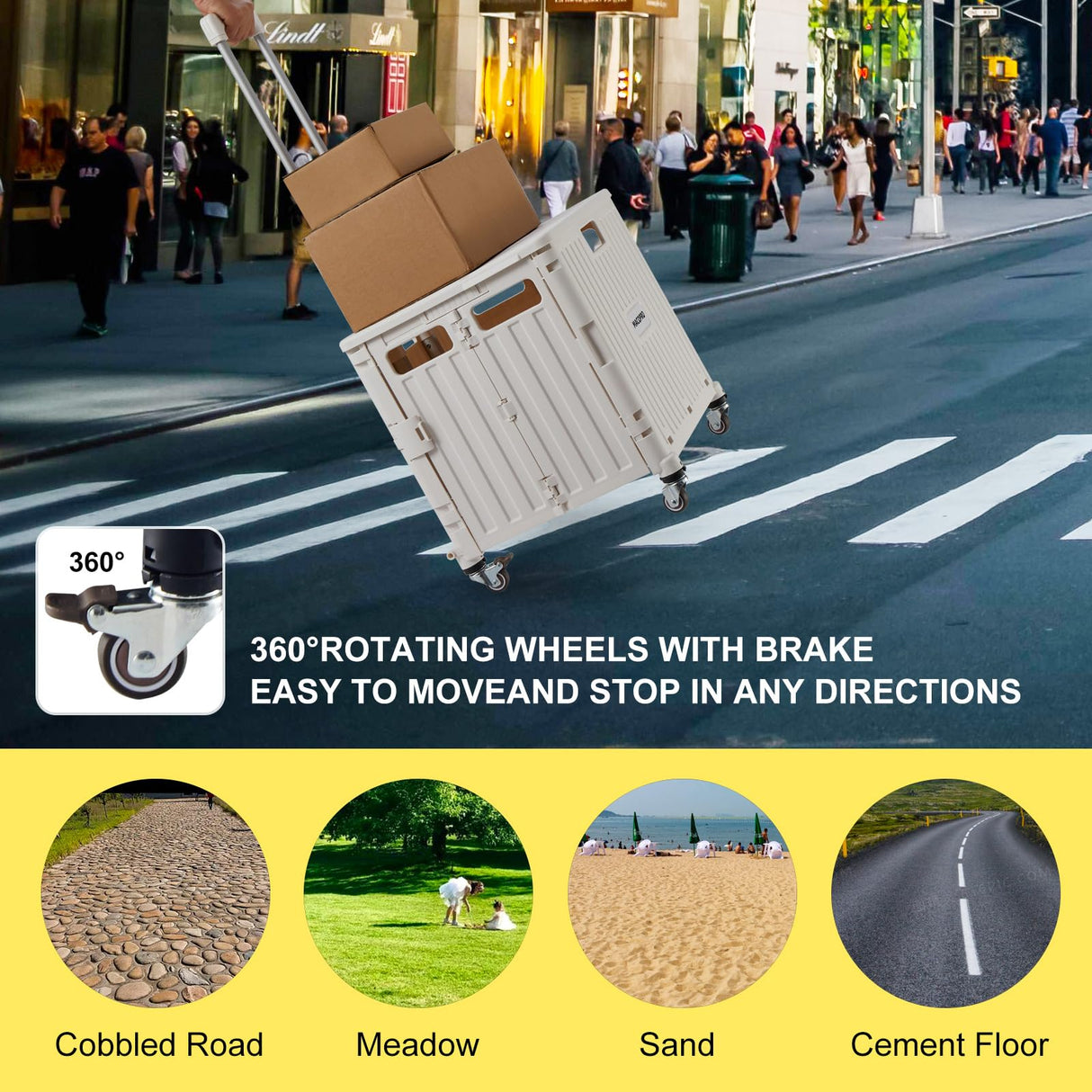 Foldable Utility Cart Folding Portable Rolling Crate Handcart with Durable Heavy Duty Plastic Telescoping Handle Collapsible 4 Rotate Wheels for Travel,Shopping, Luggage, Office, Teacher(White) MACOPRO