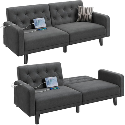 Yaheetech 63" Convertible Couch Small Futon Sofa Bed with 2 USB Ports, Reclining Backrest & Removable Armrests, Mid Century Modern Loveseat for Living Room, Apartment, Office, Dark Gray
