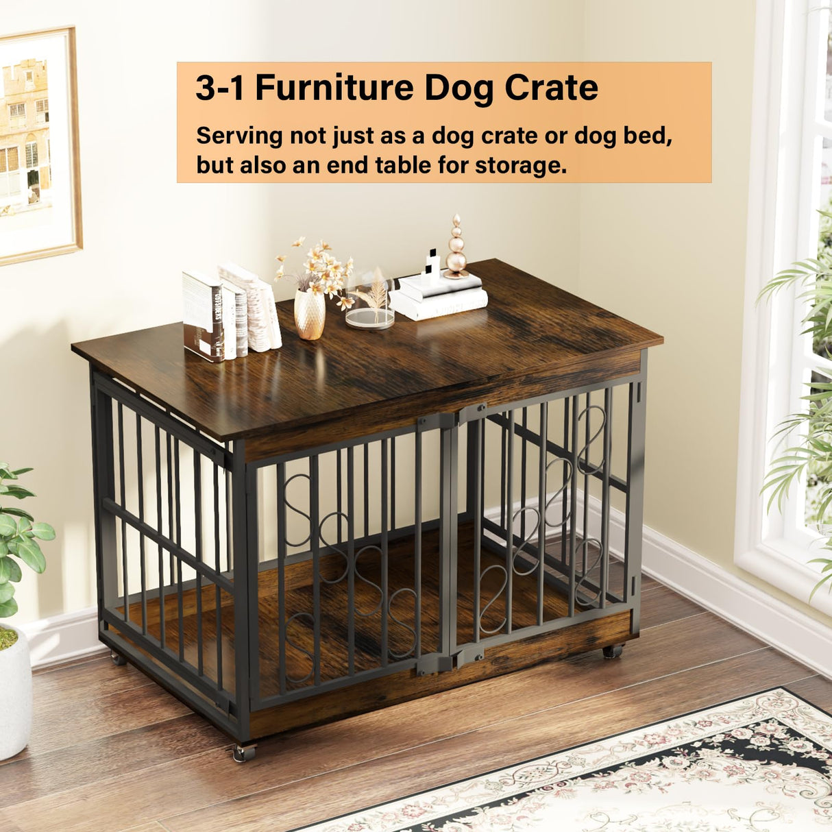 COZPAW Dog Crate Furniture, 48 Inch Dog Crates for Medium/Large Breed, Farmhouse Wood Metal Kennel Indoor Heavy Duty Pet Cage with Caster Wheels (Brown) COZPAW