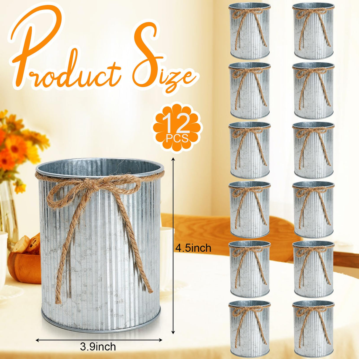 Scawim High Farmhouse Vase Decor, 4.55 X 4 Inch Rustic Flower Vase with Twine Bow Bulk 12PCS Tin Metal Buckets for Artificial Flowers Table Centerpiece Wedding Engagement Home(Iron) Scawim