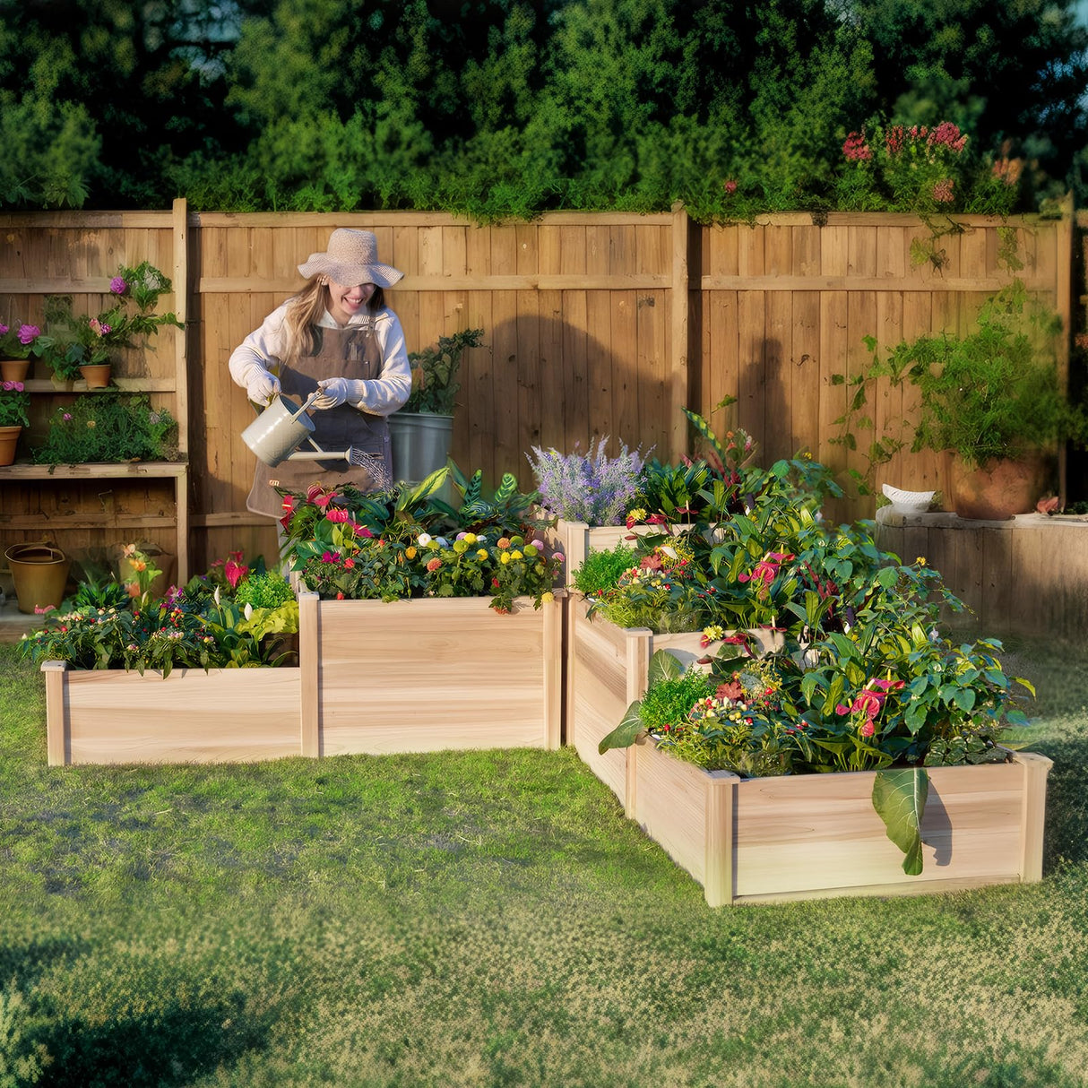 AMERLIFE 3-Tier Raised Garden Bed for Outdoor Gardening, Fir Wood Planter Box with Dividers, Tool-Free Assembly, Garden Box Perfect for Vegetables, Herbs, and Flowers AMERLIFE