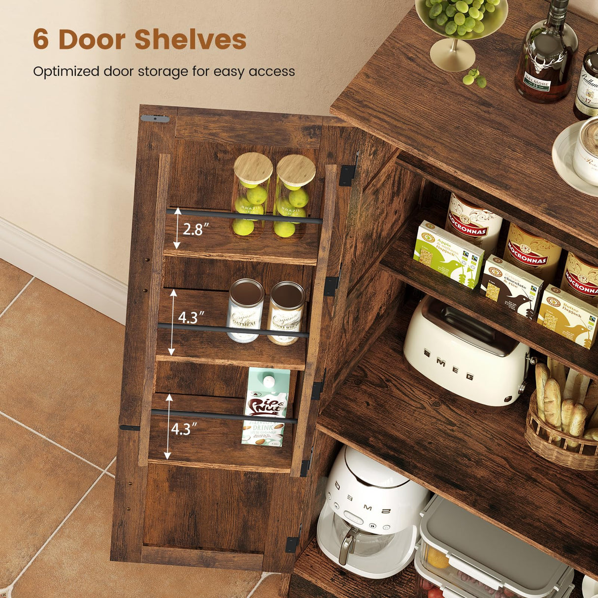 usikey Storage Cabinet with 4 Doors, 43.3" H Farmhouse Kitchen Cabinet with 6 Door Shelves, Kitchen Pantry with 3 Adjustable Shelves, for Living Room, Rustic Brown usikey