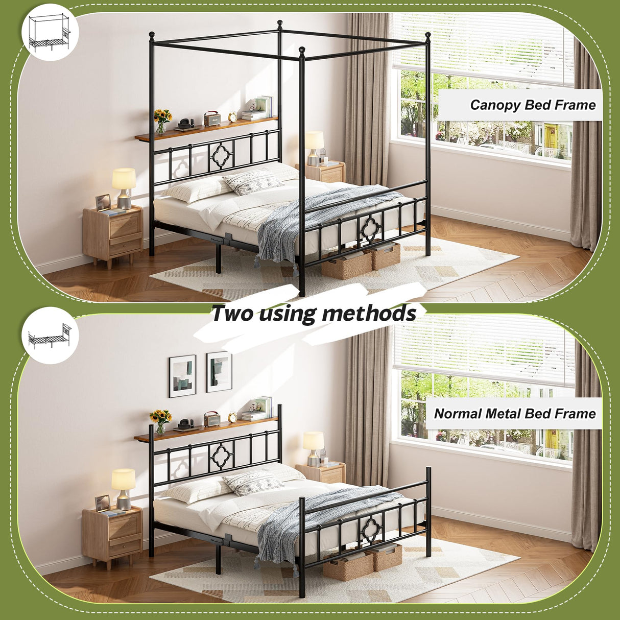 Homkdom Canopy Bed Frame with Storage Headboard, Queen Size Bed Frame with 4 Removable Posts, Sturdy Metal Platform with Under-Bed Storage, Dual Purpose Bed Frame, No Box Spring Needed, Black Homkdom