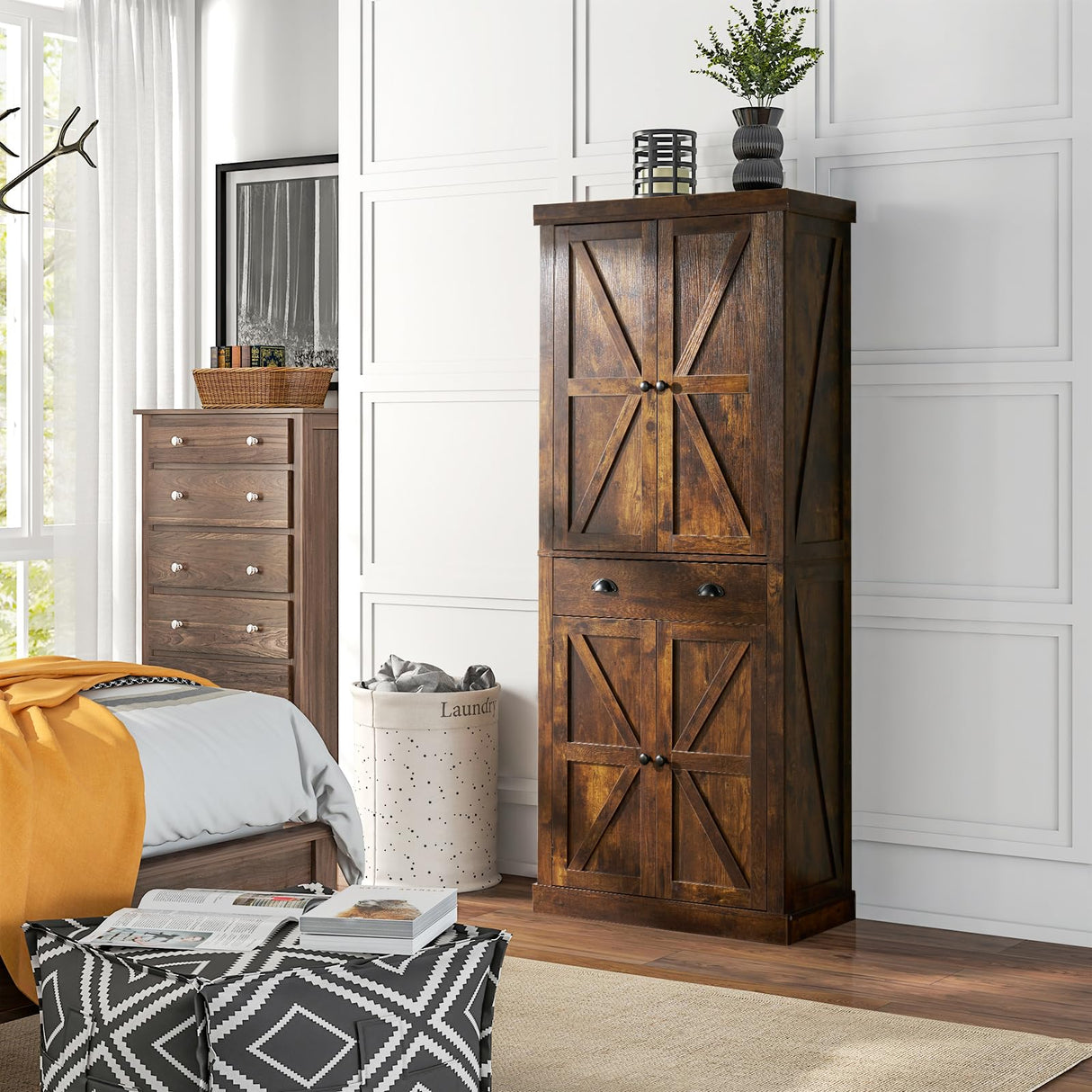 oneinmil Kitchen Pantry Storage Cabinet, 72" Freestanding Cupboard with Farmhouse Barn Doors, Adjustable Shelves & Large Drawer, Practical Sideboard, Brown oneinmil