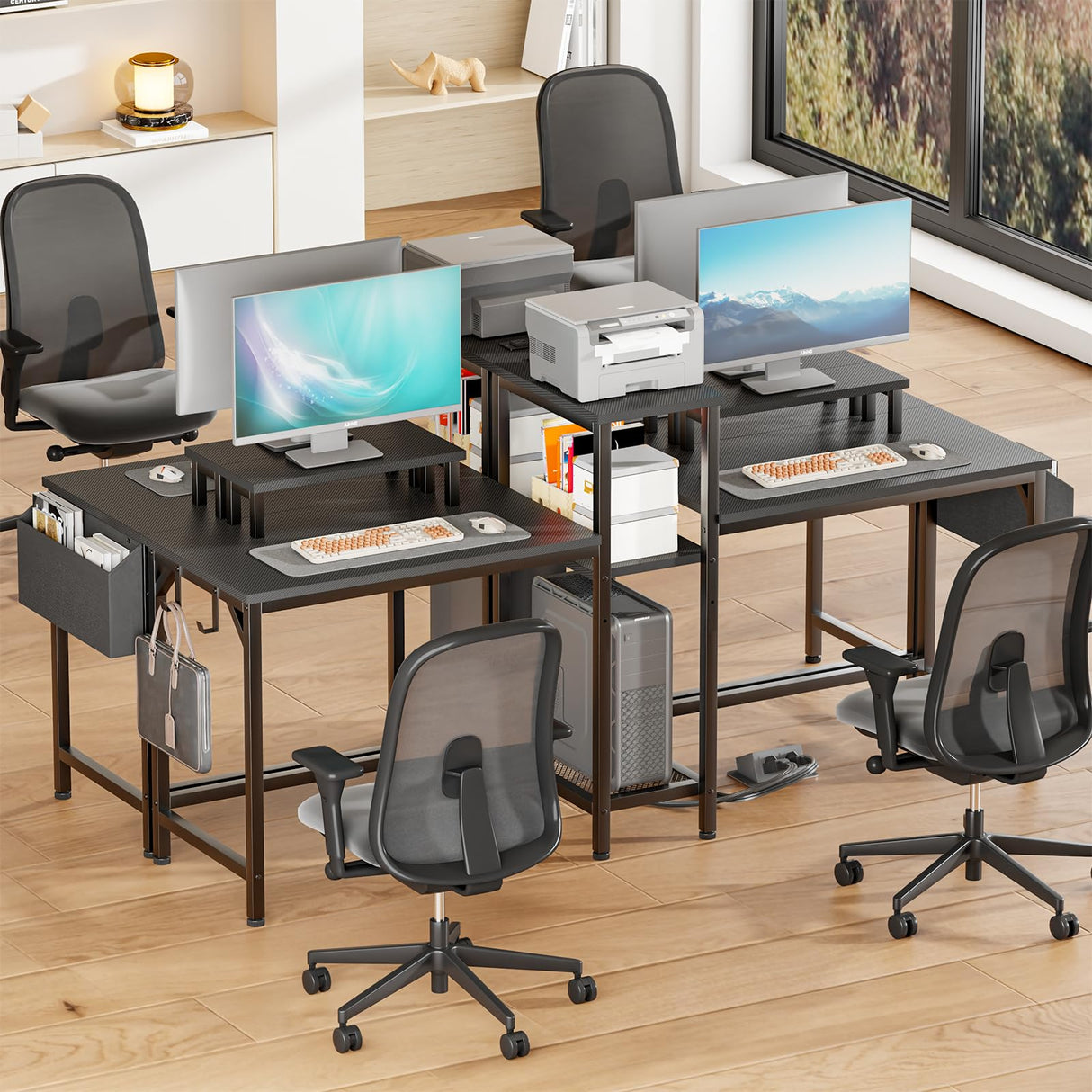 Furologee 2 Person Gaming Desk with LED Lights, 71 Inch Computer Desk with Power Outlets and Monitor Stand, Double Desk with Storage Bag and Headphone Hooks, Study Writing Table for Home Office, Black Furologee