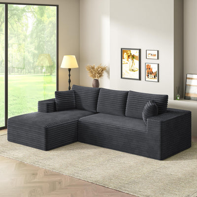 RRESTA 97" Cloud Modular Sectional Sofa, L-Shaped Couch with Left-Facing Chaise, Extra Deep-Seat Plush Corduroy, Comfy Fluffy Cushions, Side Pockets, Black, No Assembly Required, for Living Room