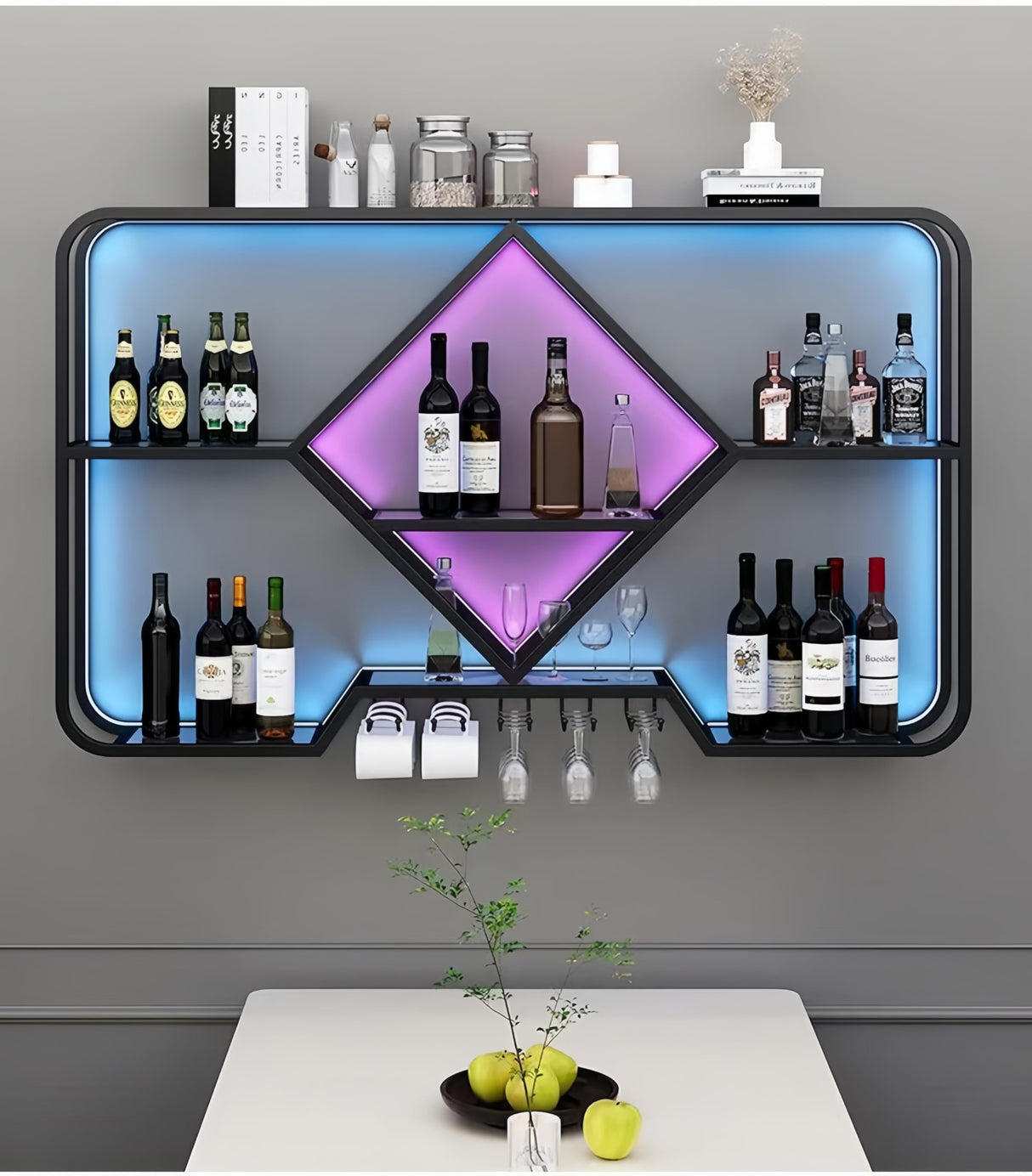 PIKYsailed Metal Wine Rack Wall Mounted with Led Light, Modern Bar Shelves Wall Mounted with Glass Holder, Multi Functional Liquor Shelf Wall Mounted for Home Bar, Kitchen & Dining Room (Black, 47) PIKYsailed