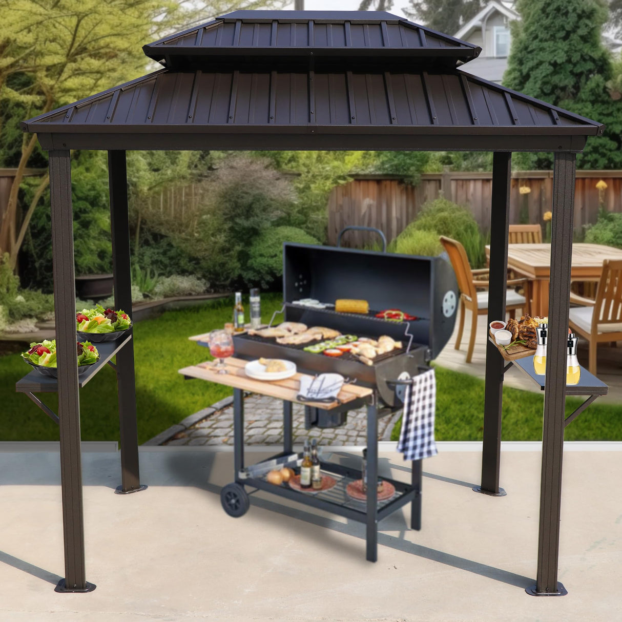 Kozyard 6’ x 8’ BBQ Hardtop Grill Gazebo, Outdoor Barbecue Gazebo with Double Galvanized Metal Roof, Aluminum BBQ Gazebo with 2 Side Shelves for Outdoor Grilling Station (Brown/Hardtop) Kozyard