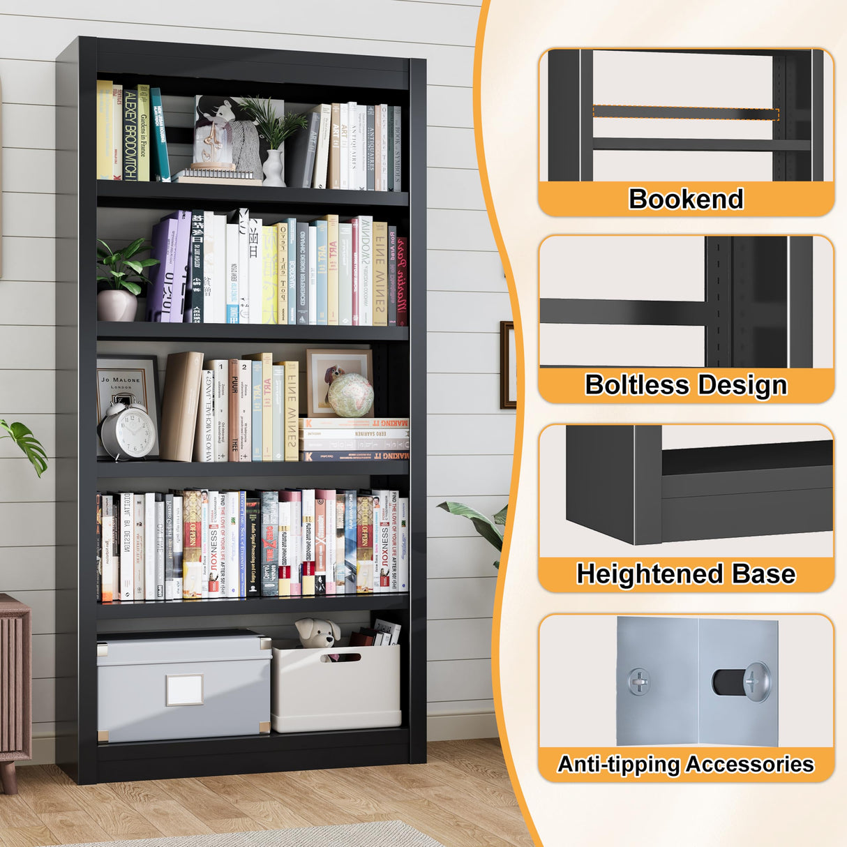 METALREAD Bookshelf, 5 Tier Metal Bookshelf, 69" H Tall Bookcase with Adjustable Shelves, Large Industrial Bookshelves for Living Rooms, Home Offices, Library, 10 Minutes Assemble METALREAD