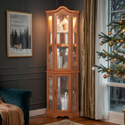 CKEASEAN Lighted Corner Curio Cabinet, 70.5" H Wooden China Cabinet with Adjustable Glass Shelves, Glass Display Cabinet with Lighted Bulb, Rack for Living Room Decoration(Oak)