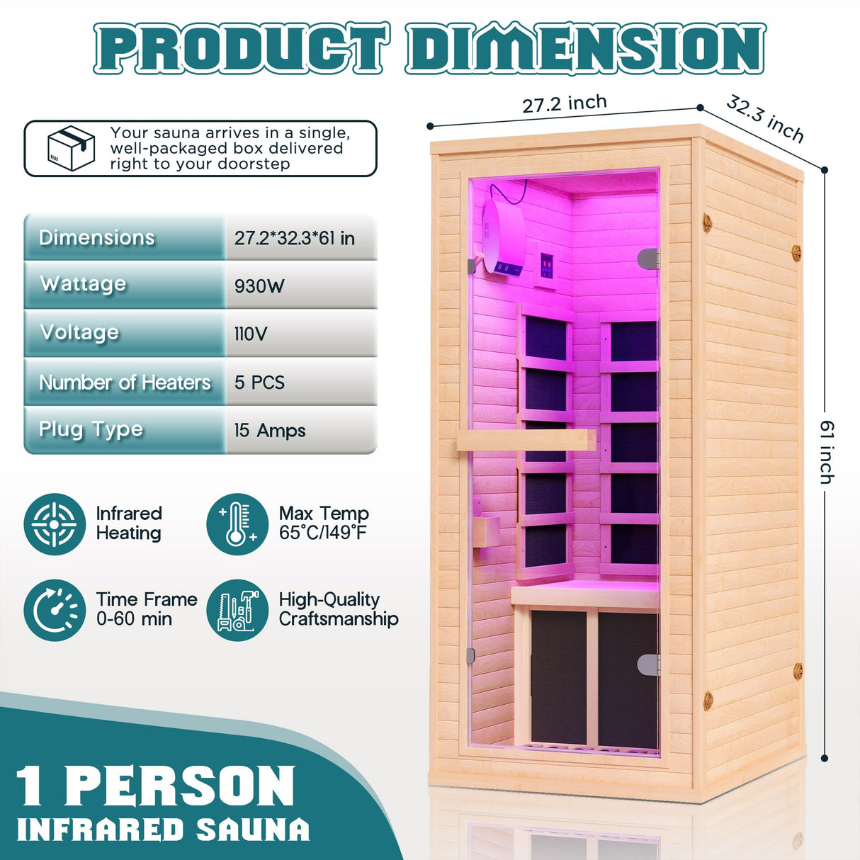 Albott Infrared Sauna 1 Person, Infrared Saunas for Home, 930W/110V Hemlock Wood Dry Sauna with Tourmaline Stone Foot Warmer, 7-Color Light Therapy, 2 Bluetooth Speakers, 27.2"x32.3"x61" Albott