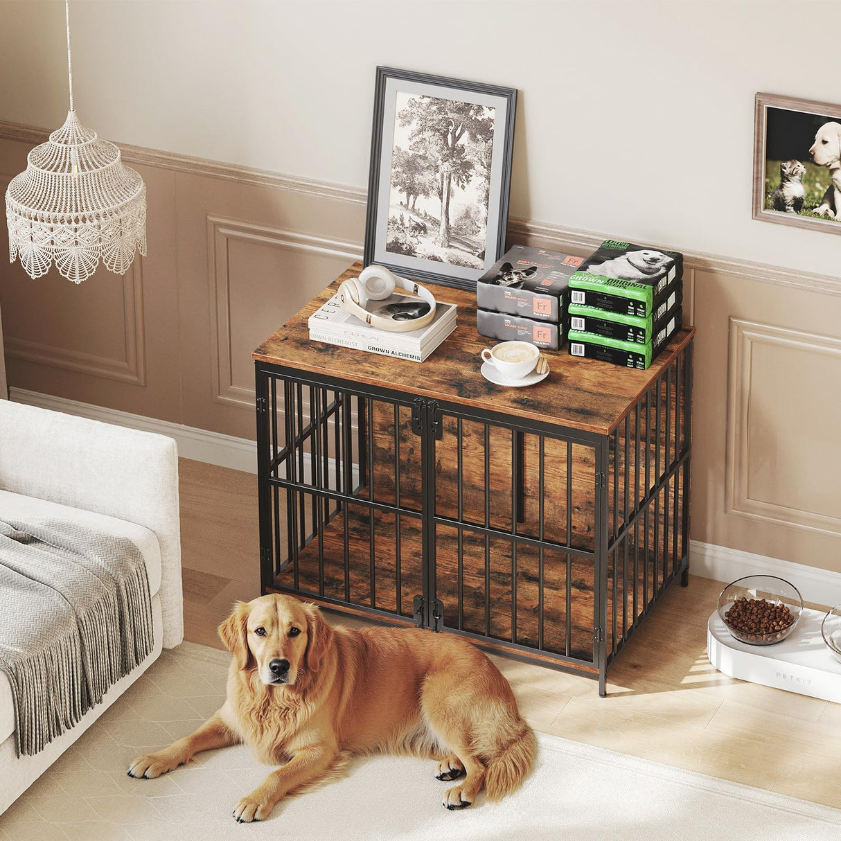 HOOBRO 38.6" Dog Crate Furniture, Wooden Indoor Dog Kennel, Decorative Dog Crate End Table, Chew-Resistant Heavy Duty Dog Crate for Small/Medium Dog, Rustic Brown and Black BF100GW03 HOOBRO