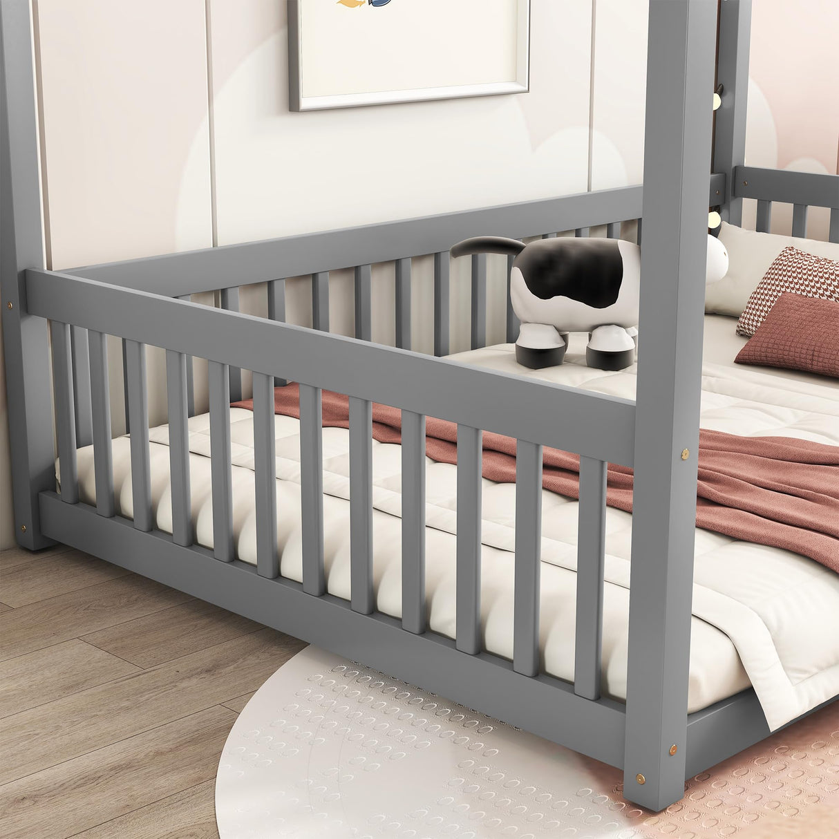 LOSTCAT Montessori Full Size Floor Bed with Canopy & Safety Rails in Grey LOSTCAT