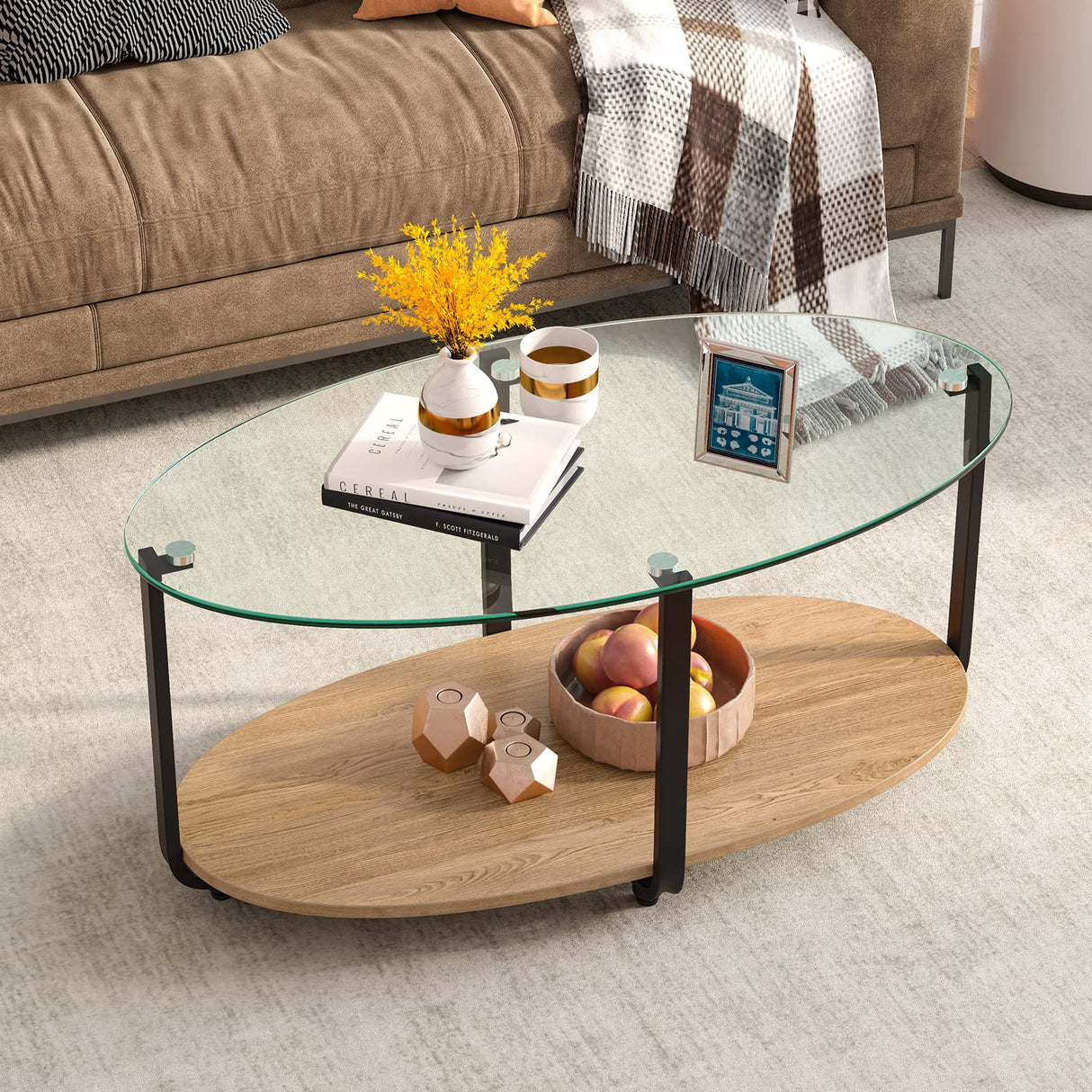 Tangkula Glass Coffee Table, 2 Tier Oval Tea Table with Tempered Glass Tabletop and Wooden Shelf, Modern Glass Sofa Center Table for Home Office, Metal Legs, Home Decor Accent Cocktail Table Tangkula