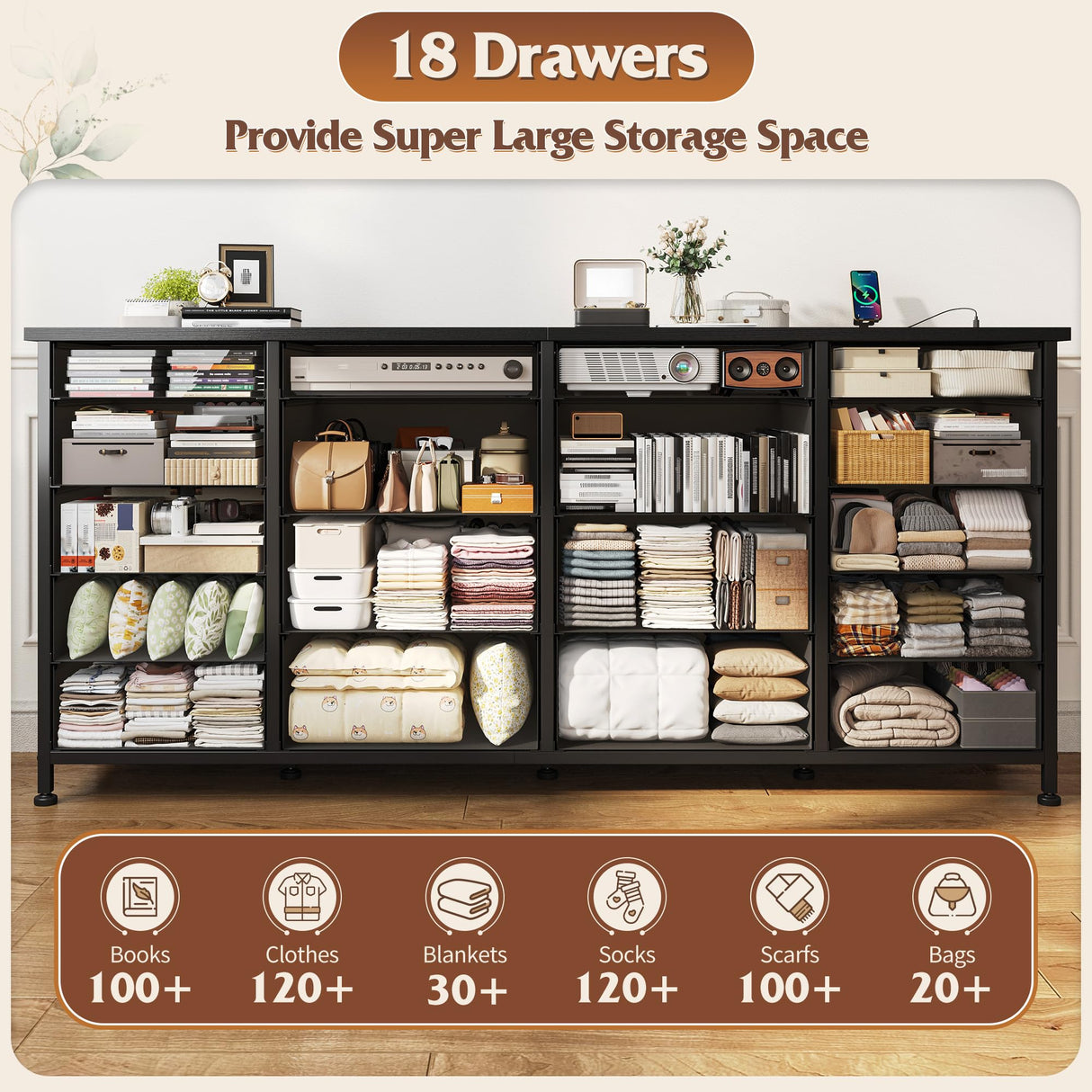 EnHomee 63" W 18 Drawers Dresser with LED Lights & Power Outlets Long Dresser for 65" TV Stand for Bedroom Large Fabric Dressers & Chests of Drawers for Bedroom, Sturdy Metal Frame (Charcoal Black) EnHomee