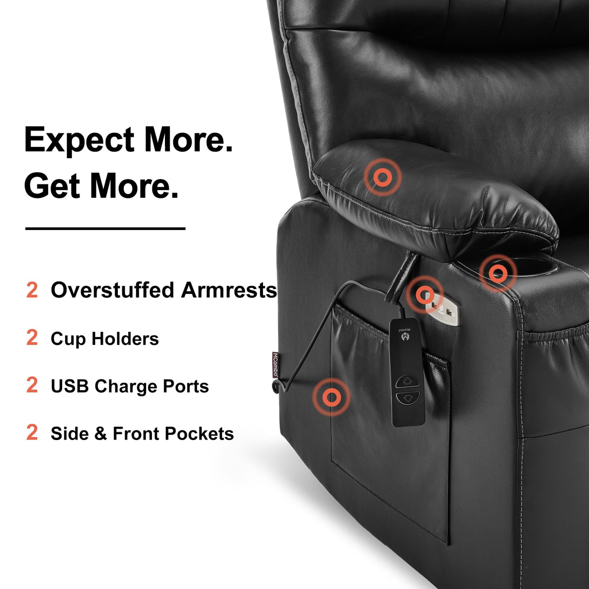 MCombo Oversized Swivel Glider Rocker Power Recliner Chair for Living Room with Heat and Vibration Massage, USB Ports, Cup Holders and Pockets, Faux Leather 7785 (Black) MCombo