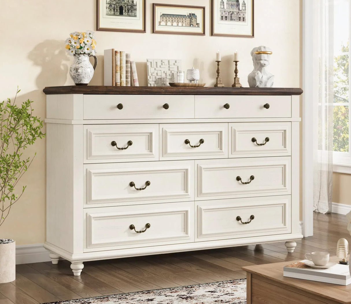 Jocoevol Cream Farmhouse Dresser for Bedroom, 9 Drawer Chest of Drawers, Tall Dressers for Bedroom Storage, Dresser for Closet, Dressers & Chests of Drawers (Cream, 53.5" Wide) Jocoevol