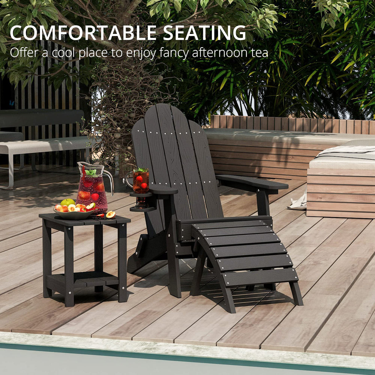 LUE BONA Folding Adirondack Chair Set of 4, Black HDPS Fire Pit Patio Chairs Weather Resistant, Modern Plastic Outdoor Chairs with Cup Holder LUE BONA