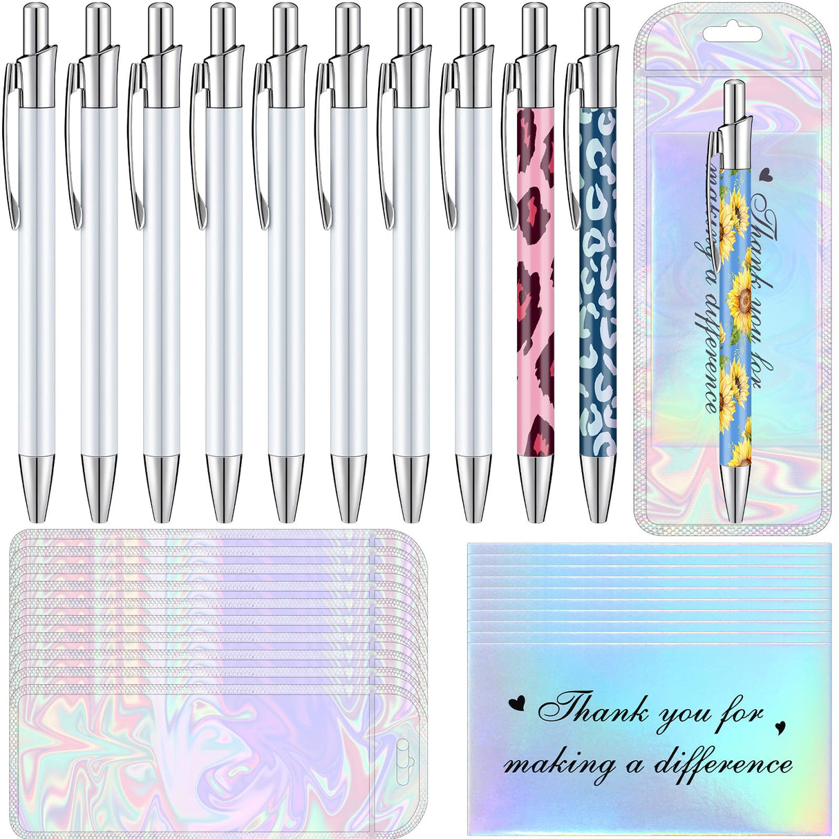 Yexiya 30 Pcs Sublimation Pen Kit Sublimation Pen Blank with Resealable Pouch Bag and Holographic Thank You Card Sublimation Ballpoint Pen School Supply for Christmas Office School Stationery Supply Yexiya