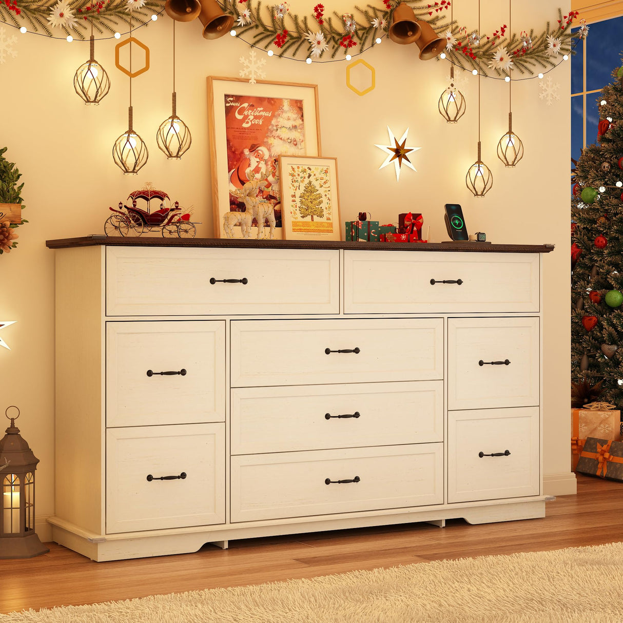 jiteentarou Farmhouse 9 Drawer Dresser for Bedroom,63” Wood Dresser & Chest of Drawers with Power Outlets,Large & Wide Dressers for Bedroom,Tall Storage Dresser Organizer(White) jiteentarou