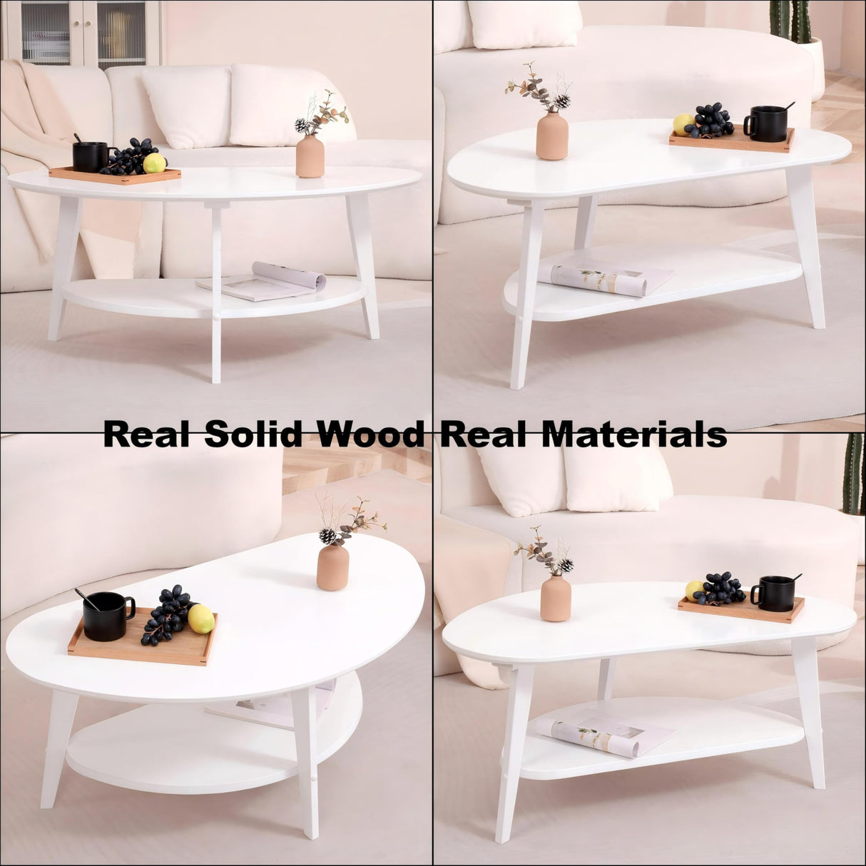 NAVREX Mid Century Modern Coffee Table with Storage Shelf, Oval Coffee Tables for Living Room 100% Solid Bamboo Wood Coffee Table Fireproof Table Circle Round Center Table (White) NAVREX