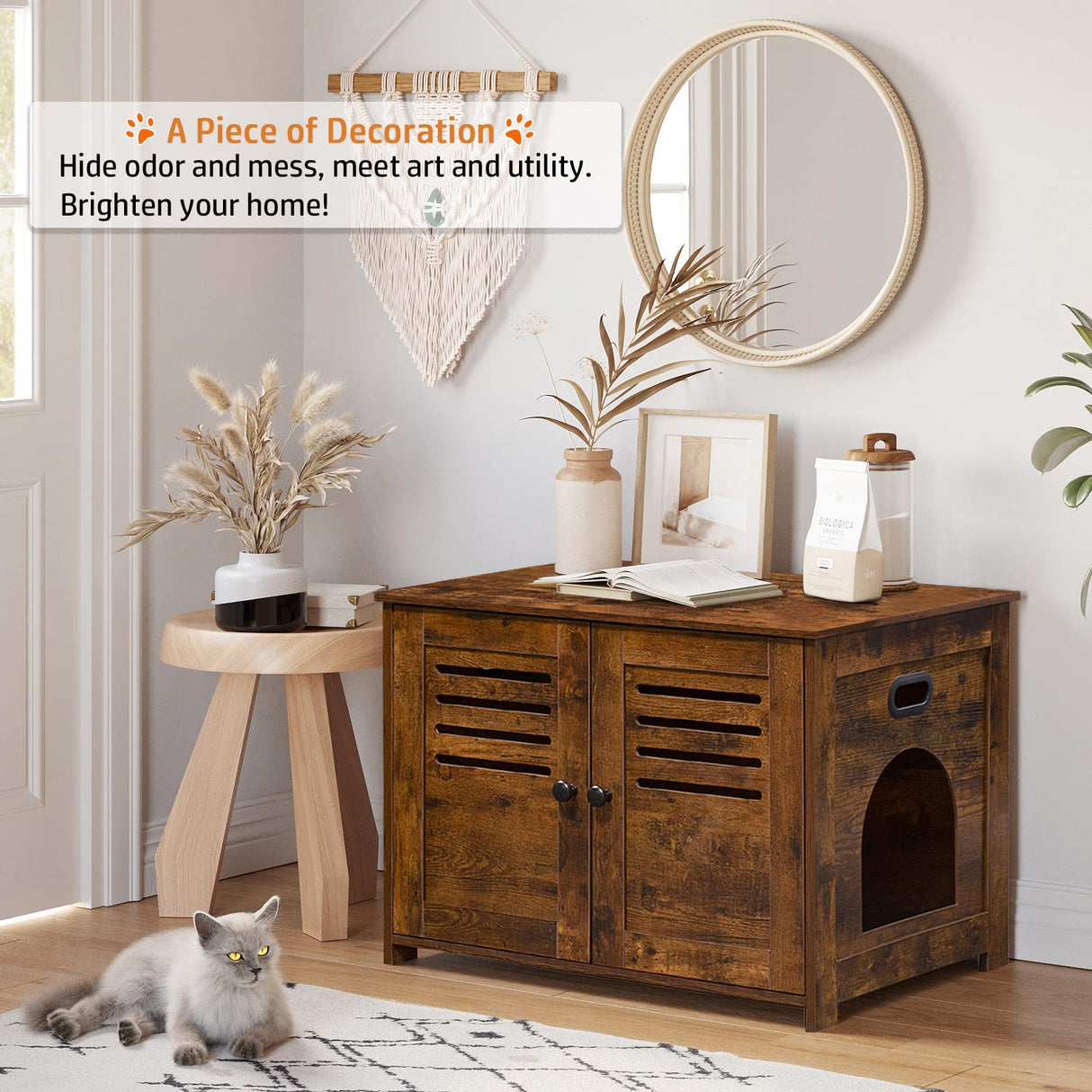 DINZI LVJ Litter Box Enclosure, Cat Litter House with Louvered Doors, Entrance Can Be on Left or Right Side, Spacious Hidden Washroom for Most of Litter Box, Cat Furniture Cabinet, Rustic Brown DINZI LVJ