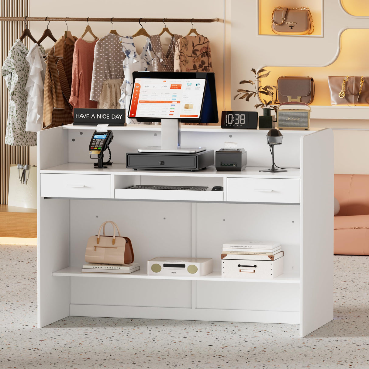 SDMY Reception Desk with Counter for Retail & Checkout,Modern Front Desk Reception Room Table with Outer Display Rack, 47.7 inch Retail Counter with Lights for Market, Office, Fruit Shop,White SDMY