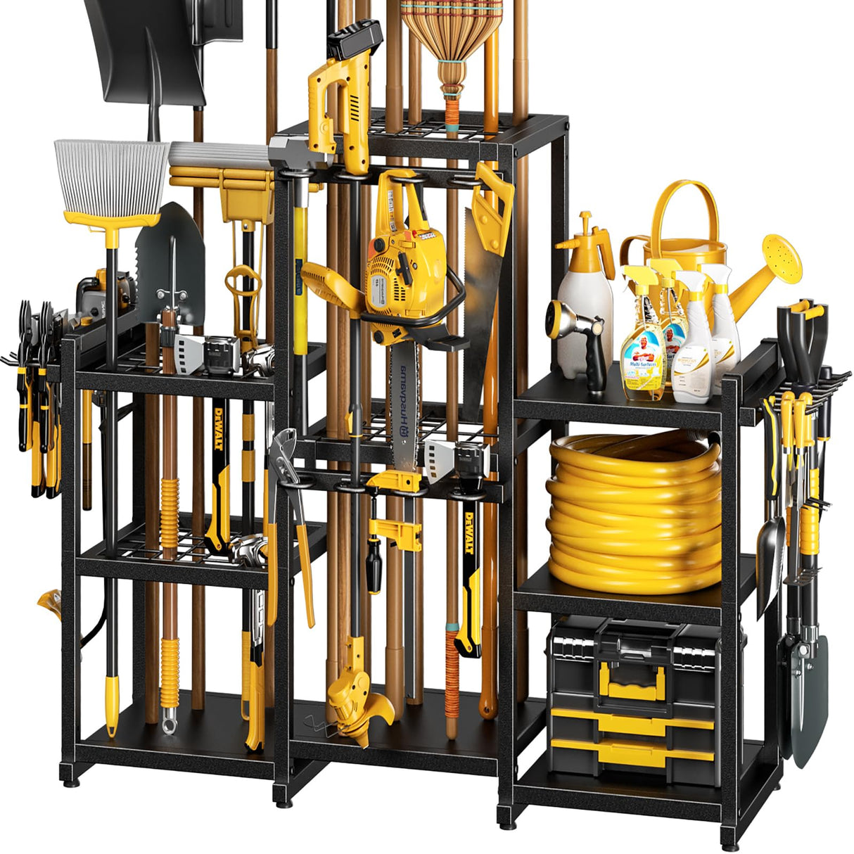 POKIPO 42" H Large Garden Tool Organizer, Holds Up to 86 Tools, Heavy Duty Yard Tool Organizer for Garage, 61“ Wide Lawn Freestanding Tool Storage Rack for Outdoor Shed Tool Rake, Shovel, Brooms POKIPO