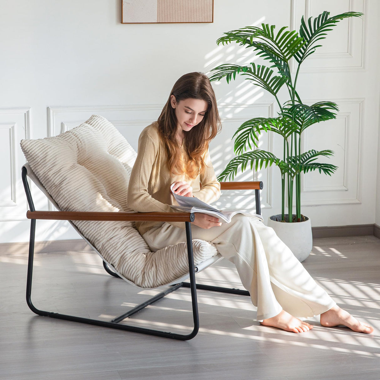 MAXYOYO Modern Accent Chair, Comfy Living Room Chair with Metal Frame Wooden Armrest, Upholstered Armchair with Soft Cushion for Bedroom Balcony Lounge Reading Room, Beige MAXYOYO