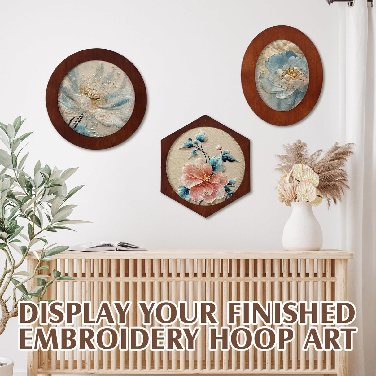 Vercraft 3 Set Embroidery Hoop Frame 8 Inch Decorative Wood Embroidery Frame with 8 Inch Cross Stitch Hoop for Display Finished DIY Art Craft Hanging Sewing Ornaments, Round, Hexagon, Oval Vercraft