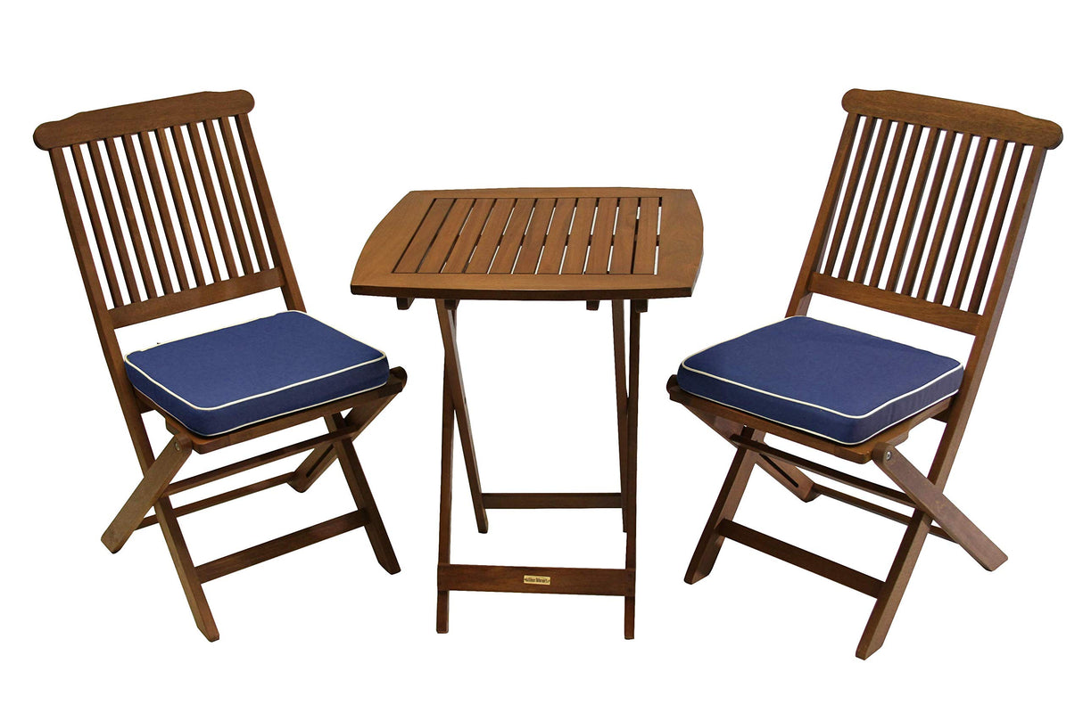 Outdoor Interiors Eucalyptus Wood 3-Piece Square Foldable Bistro Outdoor Furniture Patio Set, Table and 2 Chairs with Cushions, Blue Outdoor Interiors