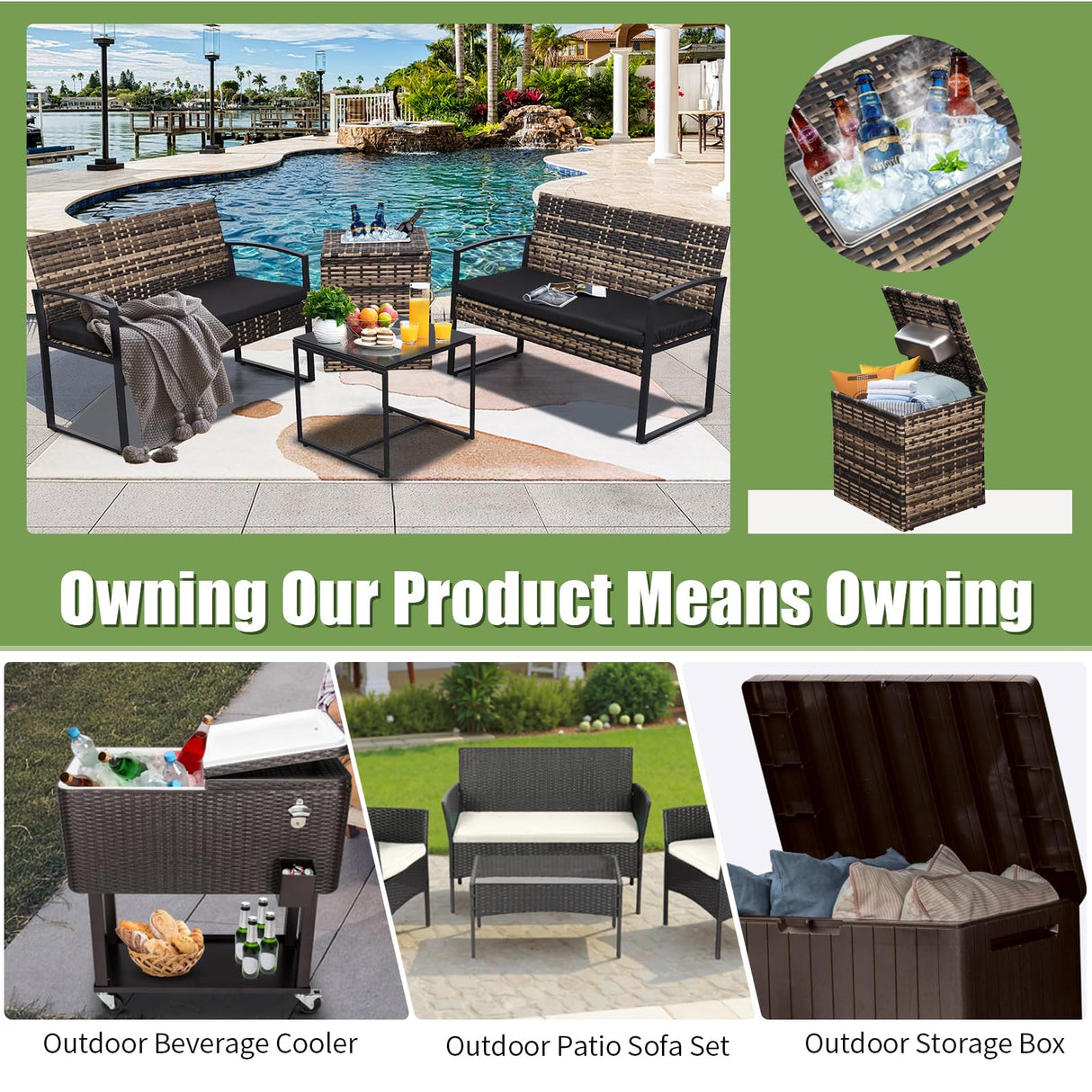 FHFO 5 Piece Outdoor Patio Furniture Set with 28”Gas Fire Pit Table & Ice Bucket Storage Box, Outdoor Wicker Rattan Patio Conversation Set for Outside, Poolside, Balcony, Porch, Yellow-Black FHFO