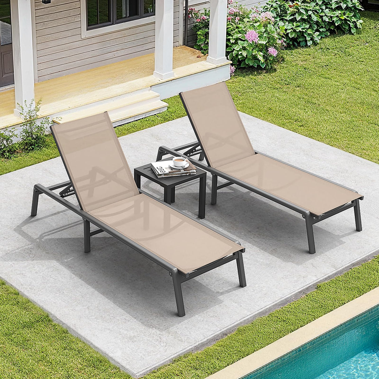 ONBRILL Aluminum Chaise Lounge Chair Outdoor, Foldable & Assembly Free Outdoor Lounge Chair with 5 Position Adjustable Backrest, Patio Pool Lounge Chairs for Outside Poolside Beach Lawn, 1PC, Khaki ONBRILL