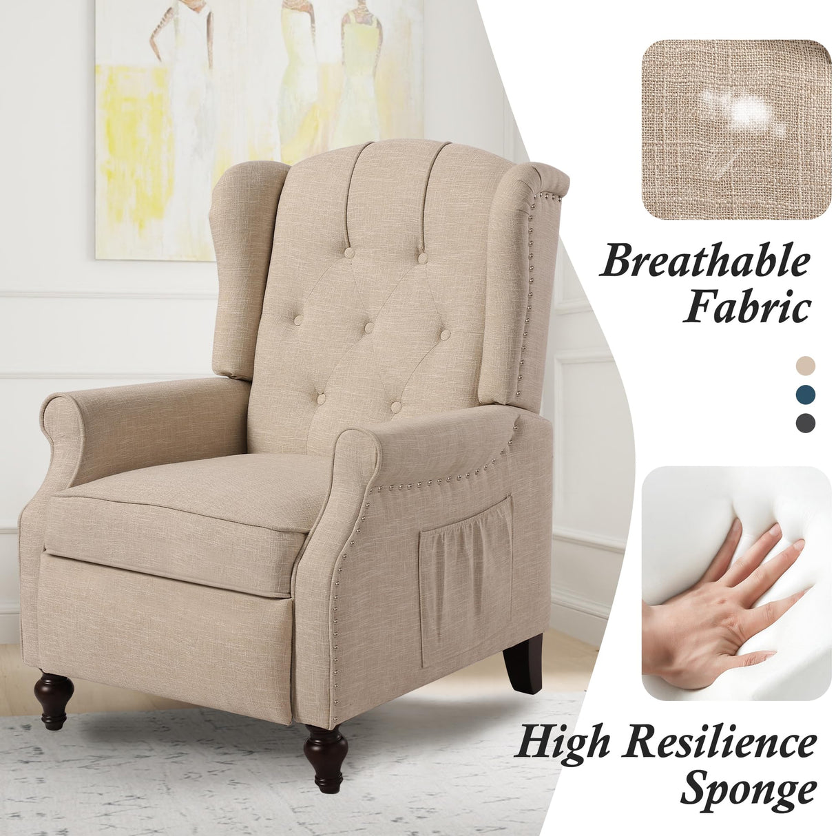 Consofa Wingback Recliner Chair with Massage and Heat, Tufted Fabric Push Back Recliner Chair for Living Room, Vintage Recliner Chair with Remote Control, Padded Cushion, Backrest, Wooden Legs Consofa