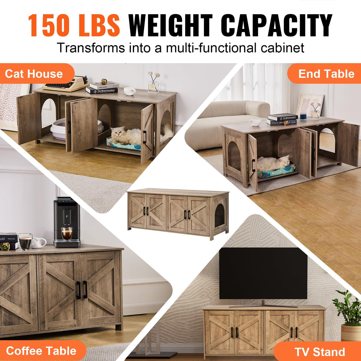 VEVOR Cat Litter Box Enclosure for 2 Cats, Litter Box Furniture Hidden with Double Rooms, Wooden Cat Box Cabinet Fit Most of Litter Box, 47.2" L x 18.5" W x 19.7" H, Greige VEVOR