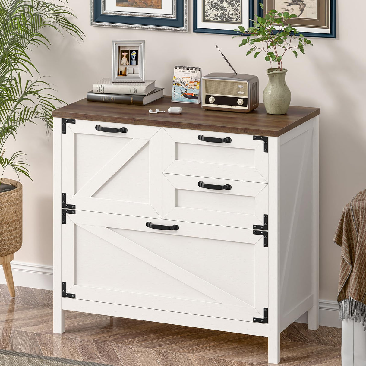 4-Drawer Wood Lateral File Cabinet for Hanging Files Letter/A4/Legal Size, Large Farmhouse File Cabinets for Home Office, Printer Stand with Office Cabinet, Office Furniture, White and Brown Vabches