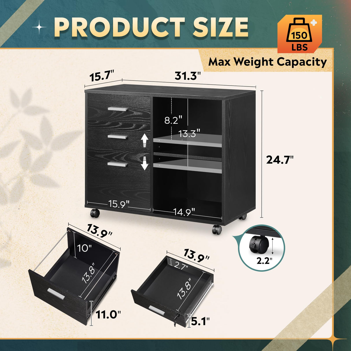 DEVAISE 3 Drawer Mobile File Cabinet, Wood Lateral Filing Cabinet, Printer Stand with Open Shelves for Home Office, Black DEVAISE