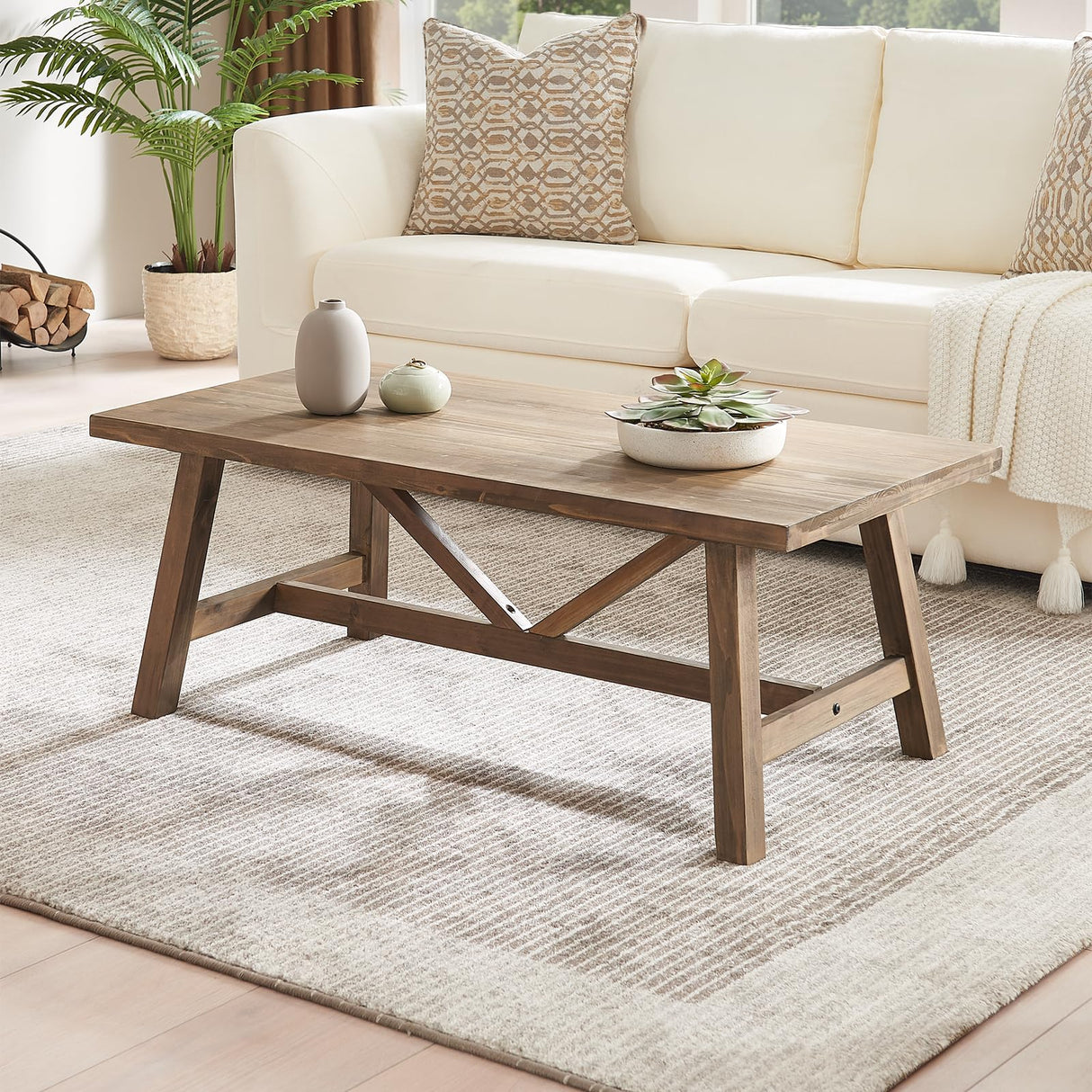 Wnutrees Farmhouse 43" Coffee Table,Solid Wood Center Tables for Living Room and Office, Rustic Wooden Rectangular Table with V-Shaped Support, Natural Wnutrees