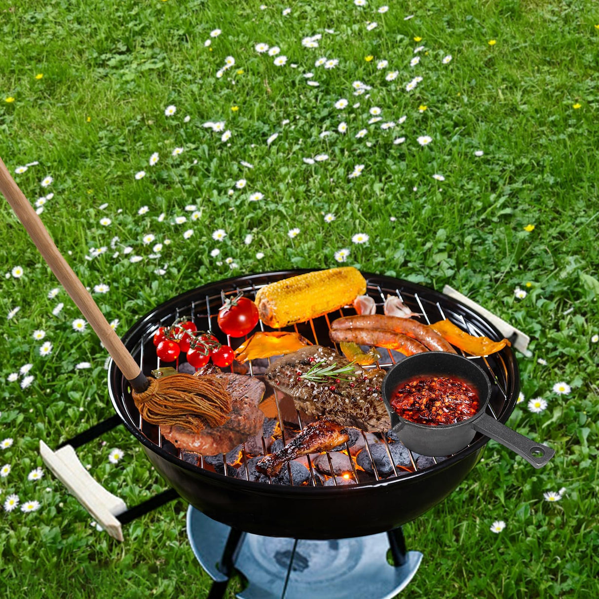BBQ Mop Brush and Cast Iron Sauce Pot Set, 11-in-1 Value Pack includes 2Pcs Wooden Long Handle, 6 Brush Heads, 1 Cast iron BBQ Pan and 2 Silicone Brushes for Grilling all Types of Ingredients ZQDFLME