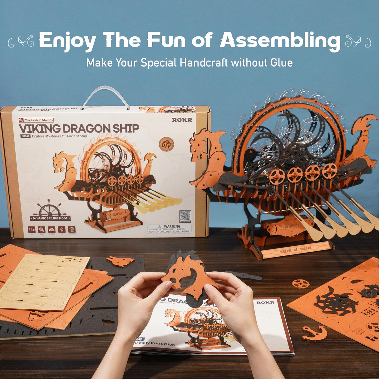 ROKR 3D Wooden Puzzle for Adults, 3-Hour Build, Viking Dragon Ship with LED Lights, Model Kits for Adults to Build, Ideal Gift for Boys and Men ROKR