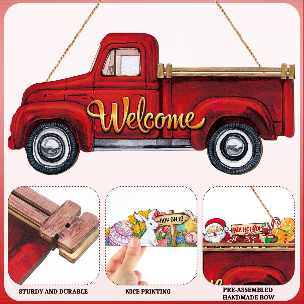 Ferraycle 13 Pcs Interchangeable Welcome Sign Red Truck Decor Welcome Sign Rustic Farmhouse Holiday Decor with 12 Holiday Signs for Fall Thanksgiving Christmas Ferraycle