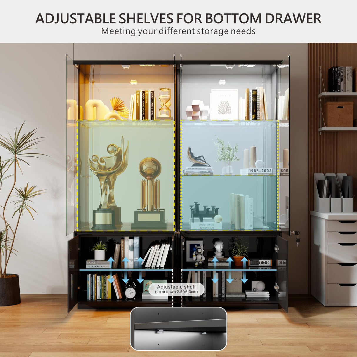 Lvifur 71” Glass Display Cabinet with Lights, Modern Curio Cabinet Display Cases for Collectibles, Locking Cabinet with Shelves & Drawers, Tall Bookcase with Human Body Sensor for Living Room (Black) Lvifur